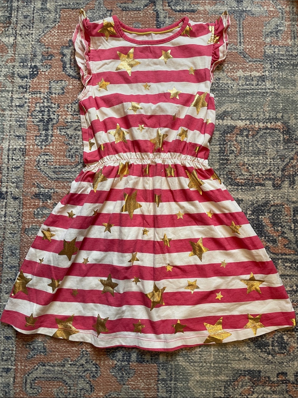 Mini Boden Girls Striped Cotton Dress with Gold Stars (size 7-8Y)